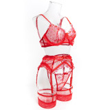 Women Floral Embroidered Mesh Patchwork Polka Dot Ruffled Lace Four-Piece Set