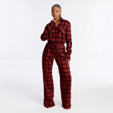 Women's Casual Long Sleeve Plaid Wide-Leg Jumpsuit