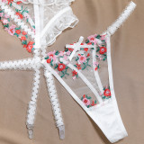 Women Floral Embroidered Mesh Patchwork Polka Dot Ruffled Lace Four-Piece Set