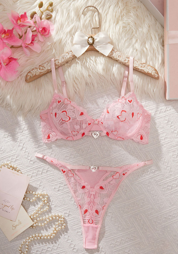 Women's Valentine Heart Print Lace Underwire Push-Up Bikini Lingerie Set