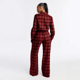 Women's Casual Long Sleeve Plaid Wide-Leg Jumpsuit