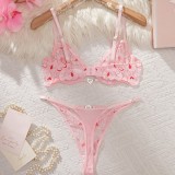 Women's Valentine Heart Print Lace Underwire Push-Up Bikini Lingerie Set