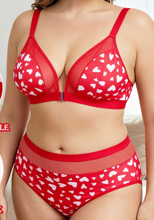 Women's Sexy Heart Print Plus Size Wireless Bra Set