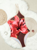 Summer Women's Floral Print One-Shoulder Low Back One-Piece Swimsuit