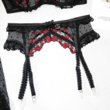 Women Floral Embroidered Mesh Patchwork Polka Dot Ruffled Lace Four-Piece Set