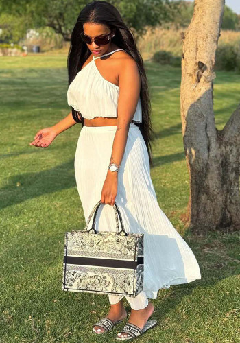 Women's Fashion Pleated Halter Neck Strapless African Skirt Set