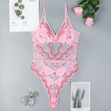 Women Sexy Bow Print Hollow-Out V-Neck Bodycon Bodysuit Sexy Lingerie
