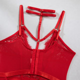 Women Sexy Lace Halter Neck Patchwork See-Through Bodysuit