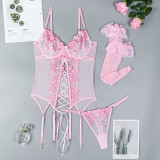 Women Embroidered Floral Slit Lace-Up Sexy Lingerie Two-Piece Set