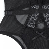 Women Sexy Lace Halter Neck Patchwork See-Through Bodysuit