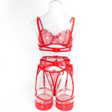 Women Floral Embroidered Mesh Patchwork Polka Dot Ruffled Lace Four-Piece Set
