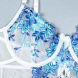 Women Embroidered Floral Slit Lace-Up Sexy Lingerie Two-Piece Set