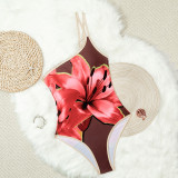Summer Women's Floral Print One-Shoulder Low Back One-Piece Swimsuit