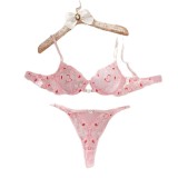 Women's Valentine Heart Print Lace Underwire Push-Up Bikini Lingerie Set