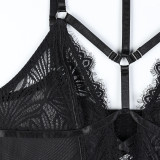 Women Sexy Lace Halter Neck Patchwork See-Through Bodysuit