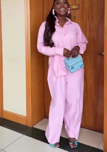 Women's Chic Trendy Solid Color Asymmetric Turndown Collar African Two-Piece Pants Set