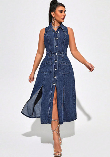 Women's Sleeveless Slit Slim Waist Denim Dress
