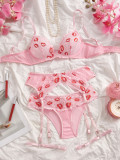 Women's Lips Print Lace See-Through Bra & Hollow Panty Lingerie Set