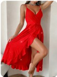 Sexy Strap V-Neck Rhinestones Holidays Style Fashion Chic Slit Long Dress