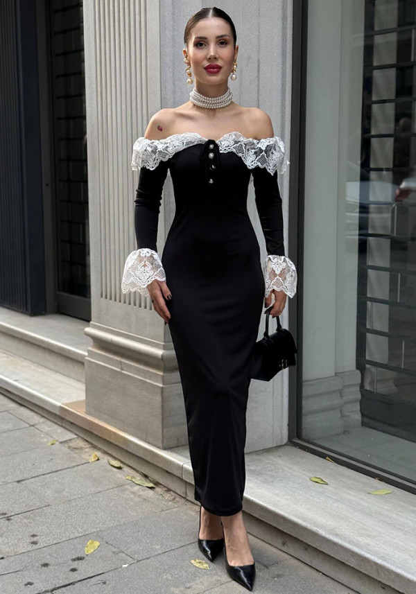 Women's Chic Sexy Off-Shoulder Lace Patchwork Bodycon Long Dress