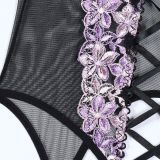 Women Embroidered Floral Slit Lace-Up Sexy Lingerie Two-Piece Set