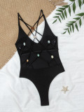 Women's Sexy Beaded Cross Low Back One-Piece Swimsuit