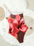 Summer Women's Floral Print One-Shoulder Low Back One-Piece Swimsuit