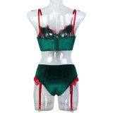 Women Christmas Red Lace Patchwork Sexy Velvet Camisole Sexy Lingerie Two-Piece Set