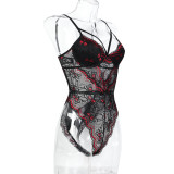 Women Sexy Bow Print Hollow-Out V-Neck Bodycon Bodysuit Sexy Lingerie