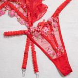 Women Floral Embroidered Mesh Patchwork Polka Dot Ruffled Lace Four-Piece Set