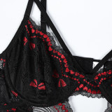 Women Sexy Bow Print Hollow-Out V-Neck Bodycon Bodysuit Sexy Lingerie