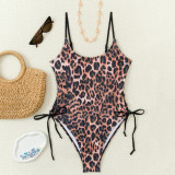 Women's Leopard Print U-Neck Side Lace-Up Tankini Swimsuit