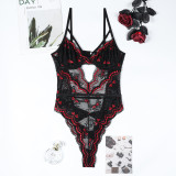 Women Sexy Bow Print Hollow-Out V-Neck Bodycon Bodysuit Sexy Lingerie