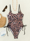 Women's Leopard Print U-Neck Side Lace-Up Tankini Swimsuit