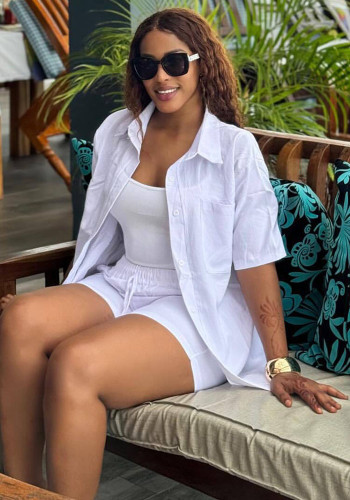 Women's Casual Solid Color Cardigan Shirt & Shorts Set