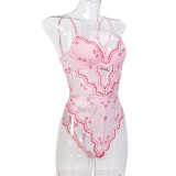 Women Sexy Bow Print Hollow-Out V-Neck Bodycon Bodysuit Sexy Lingerie