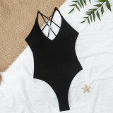 Women's Sexy Beaded Cross Low Back One-Piece Swimsuit