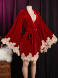 Women's Velvet Lace Patchwork Robe Nightdress