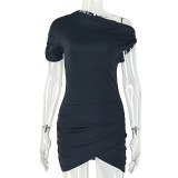 Women's Solid Color One-Shoulder Ruched Bodycon Short Dress