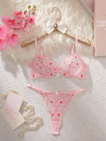 Women's Valentine Heart Print Lace Underwire Push-Up Bikini Lingerie Set