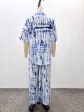 Women's Plus Size Casual Tie-Dye Turndown Collar African Two-Piece Pants Set