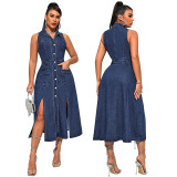 Women's Sleeveless Slit Slim Waist Denim Dress