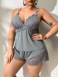 Plus Size Lace Pajama Set Sheer Camisole Shorts