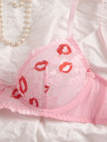 Women's Lips Print Lace See-Through Bra & Hollow Panty Lingerie Set