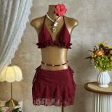 Women's Solid Color Sexy Mesh Skirt Three-Piece Bikini Swimsuit