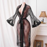 Women's Satin Patchwork Lace See Through Robe Stylish Homewear