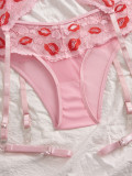 Women's Lips Print Lace See-Through Bra & Hollow Panty Lingerie Set