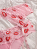Women's Lips Print Lace See-Through Bra & Hollow Panty Lingerie Set