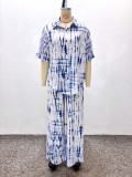 Women's Plus Size Casual Tie-Dye Turndown Collar African Two-Piece Pants Set