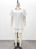 Women's Casual Solid Color Cardigan Shirt & Shorts Set